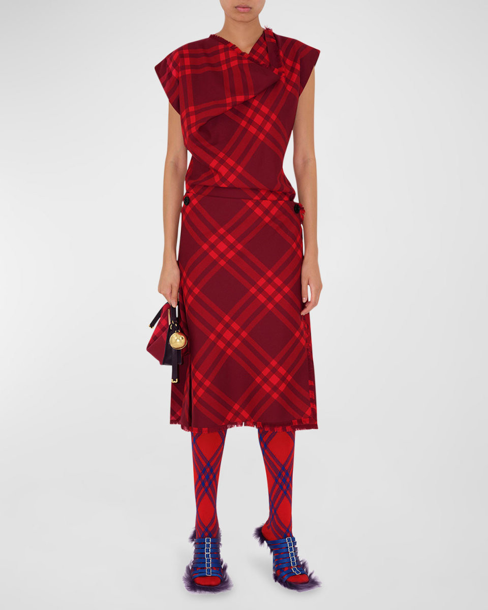 Check Cap-Sleeve Fringe-Edge Wrap Wool Dress